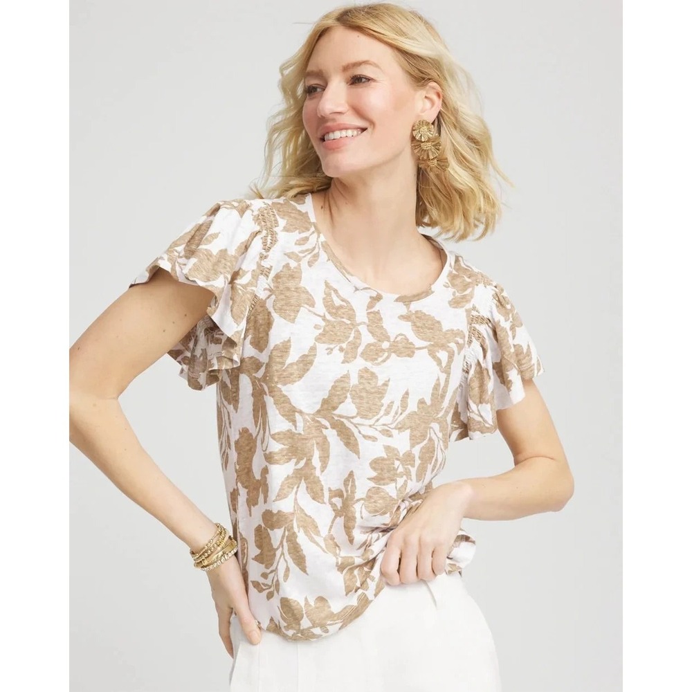 Chico's Womens Top Flutter Sleeve Leaf Print Tee 100% Linen Size 2 US‎ L
